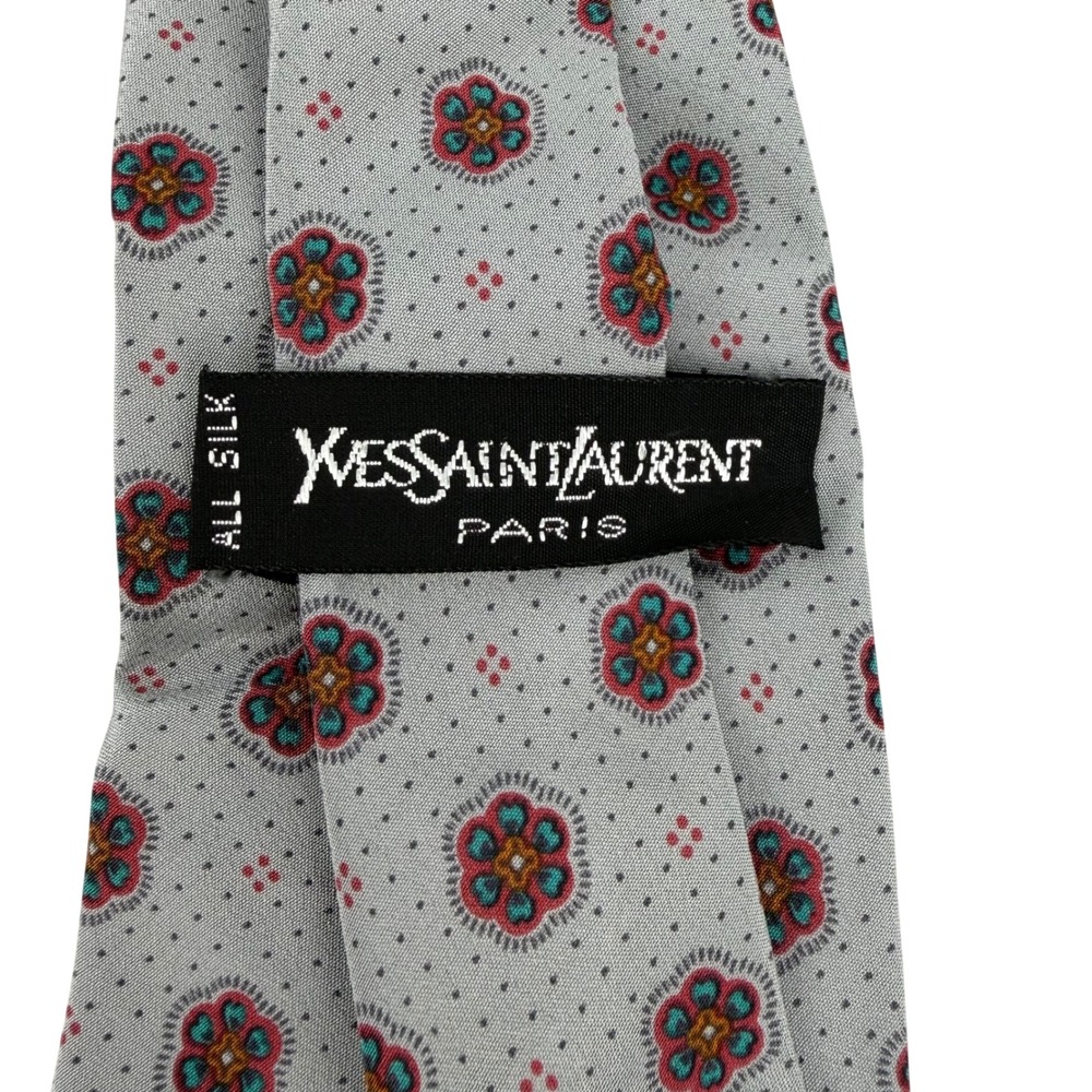 Vtg Yves Saint Laurent Paris Silk Tie Grey Floral Medallion Micro Dot Italy - Picture 3 of 5